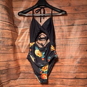 Cupshe Black and Orange Tropical One Piece Swimsuit